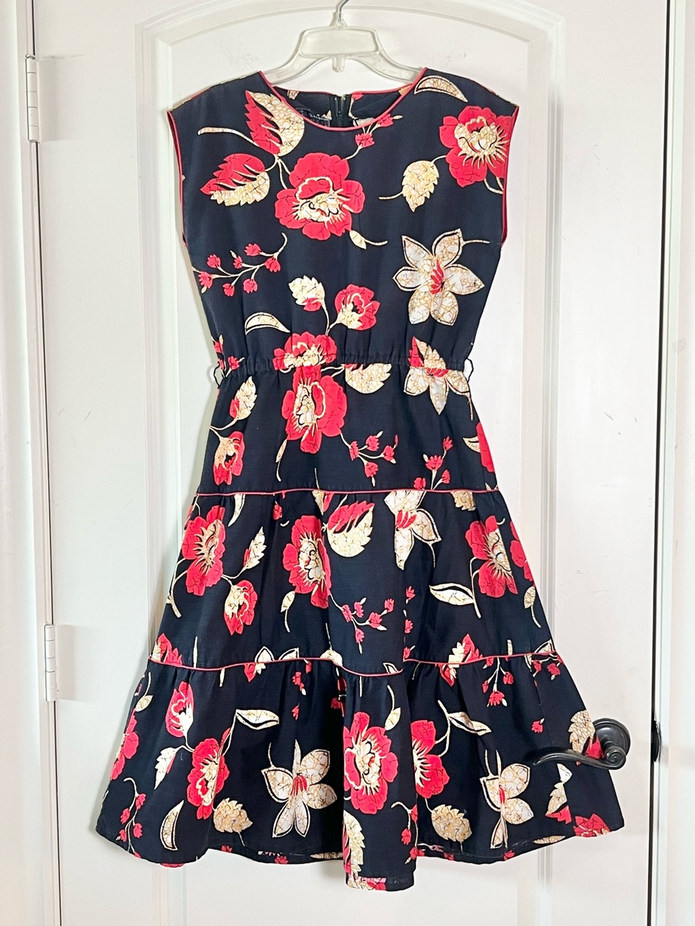 Vintage 80s Japanese Cotton Midi Dress Red Floral Piping Tiered Skirt Size M